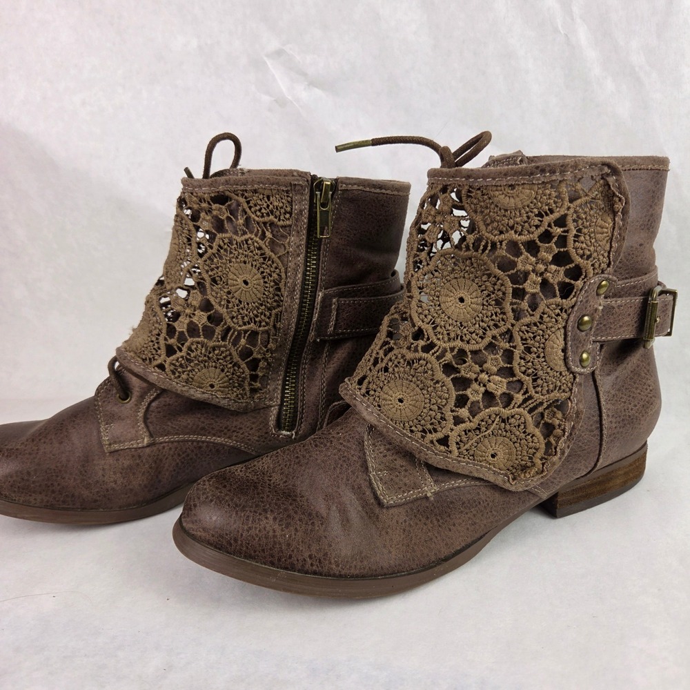 Not Rated Womens 8.5 Brown Lace Overlay Ankle Boots Boho Booties Cottage Granola - Picture 2 of 11